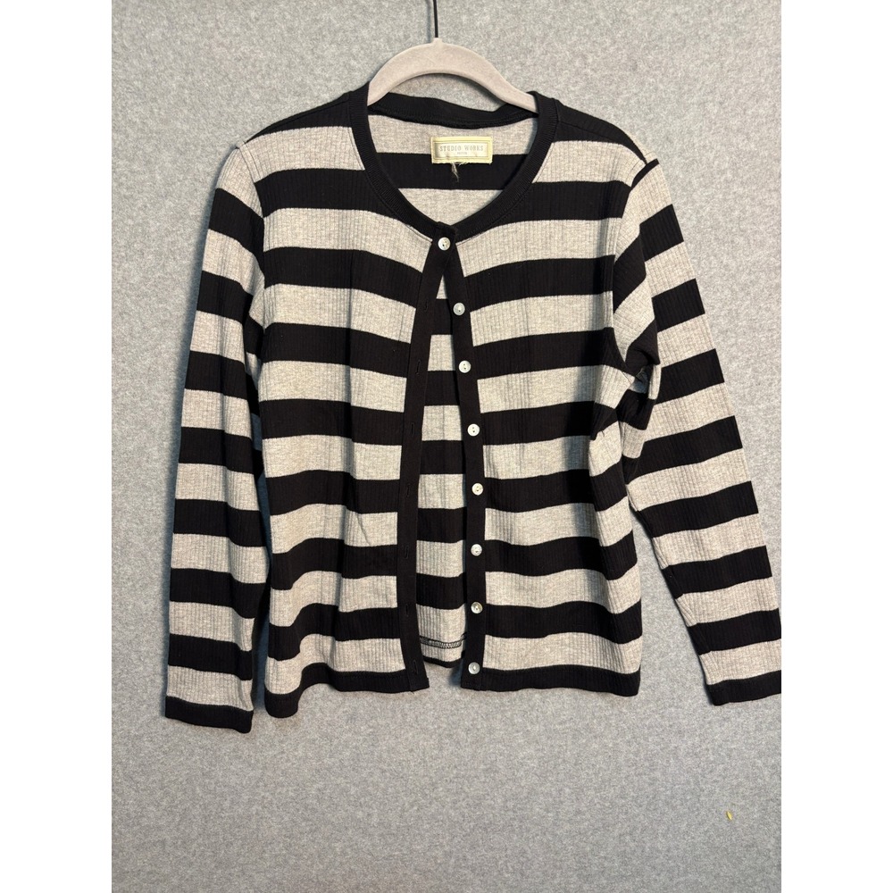 Studio Works Petite Black Gray Striped Ribbed Cardigan Minimalist Preppy